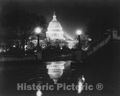 Washington D.C. Historic Black & White Photo, Rainy Night at the Capitol, c1923 -