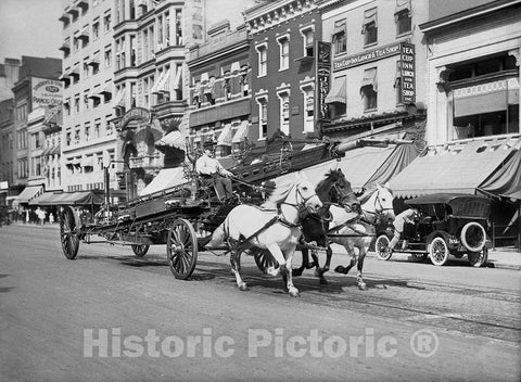 Washington D.C. Historic Black & White Photo, Three-horse Fire Truck on F Street, c1915 -