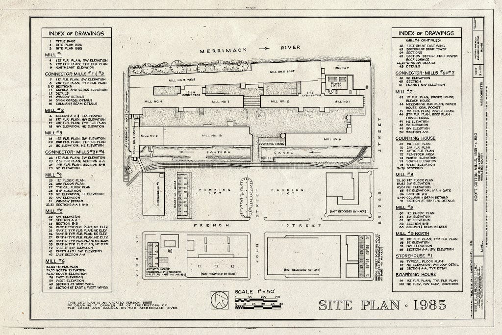 Blueprint Site Plan, 1985 - Boott Cotton Mills, John Street at Merrimack River, Lowell, Middlesex County, MA