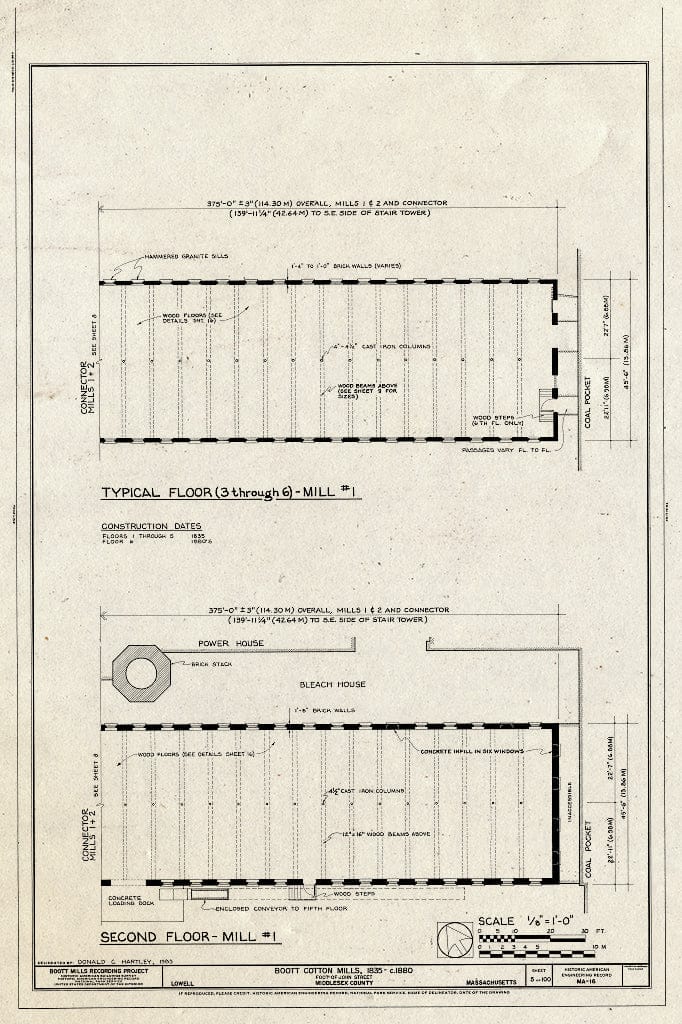 Blueprint Typical Floor (3 Through 6) - Mill #1, Second Floor - Mill #1 - Boott Cotton Mills, John Street at Merrimack River, Lowell, Middlesex County, MA