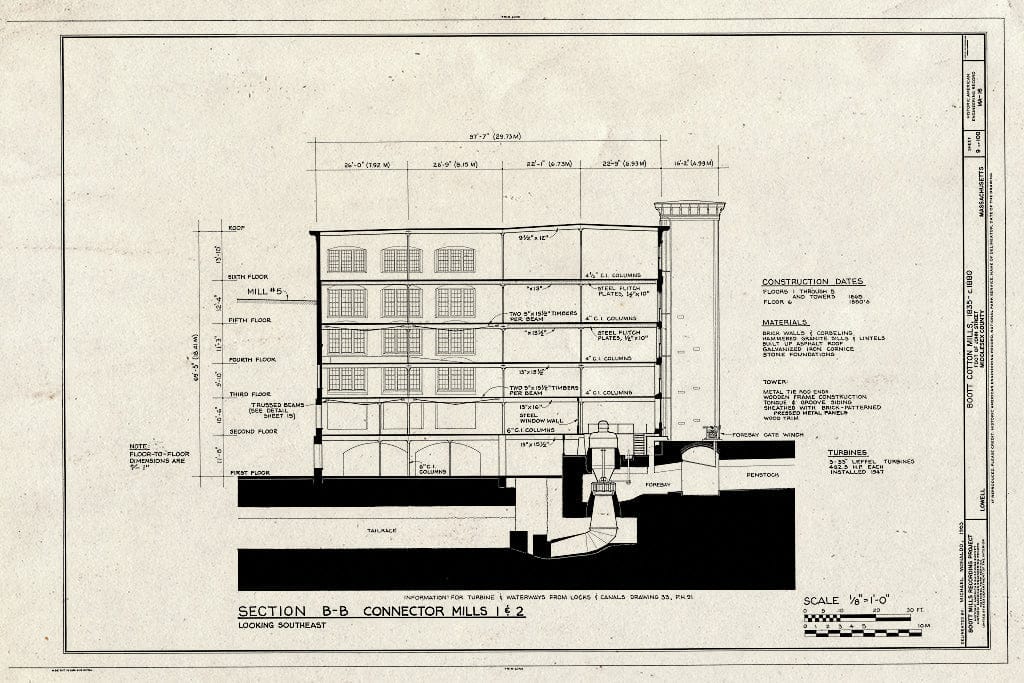 Blueprint Section BB Connector Mills 1 & 2 - Boott Cotton Mills, John Street at Merrimack River, Lowell, Middlesex County, MA