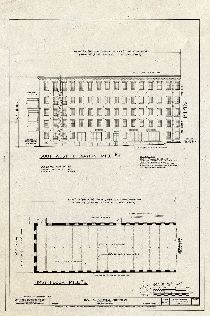 Blueprint Southwest Elevation - Mill #2, First Floor - Mill #2 - Boott Cotton Mills, John Street at Merrimack River, Lowell, Middlesex County, MA