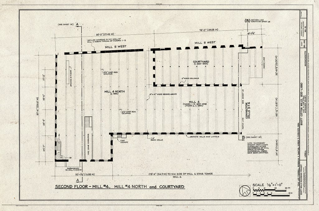 Blueprint Second Floor - Mill #4 North and Courtyard - Boott Cotton Mills, John Street at Merrimack River, Lowell, Middlesex County, MA