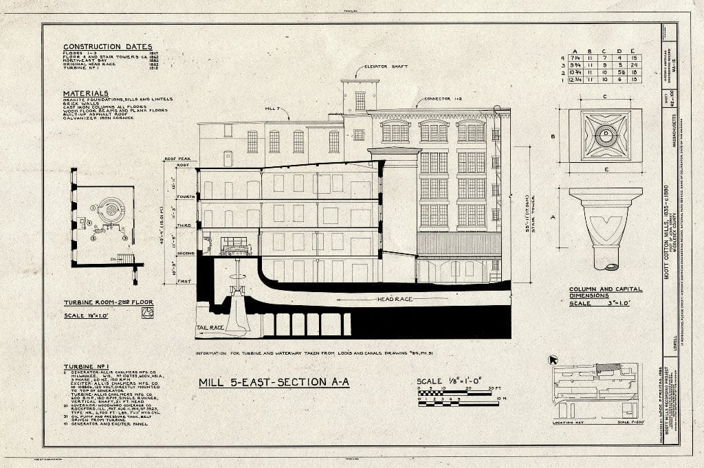 Blueprint Mill 5 East - Section AA, Details - Boott Cotton Mills, John Street at Merrimack River, Lowell, Middlesex County, MA