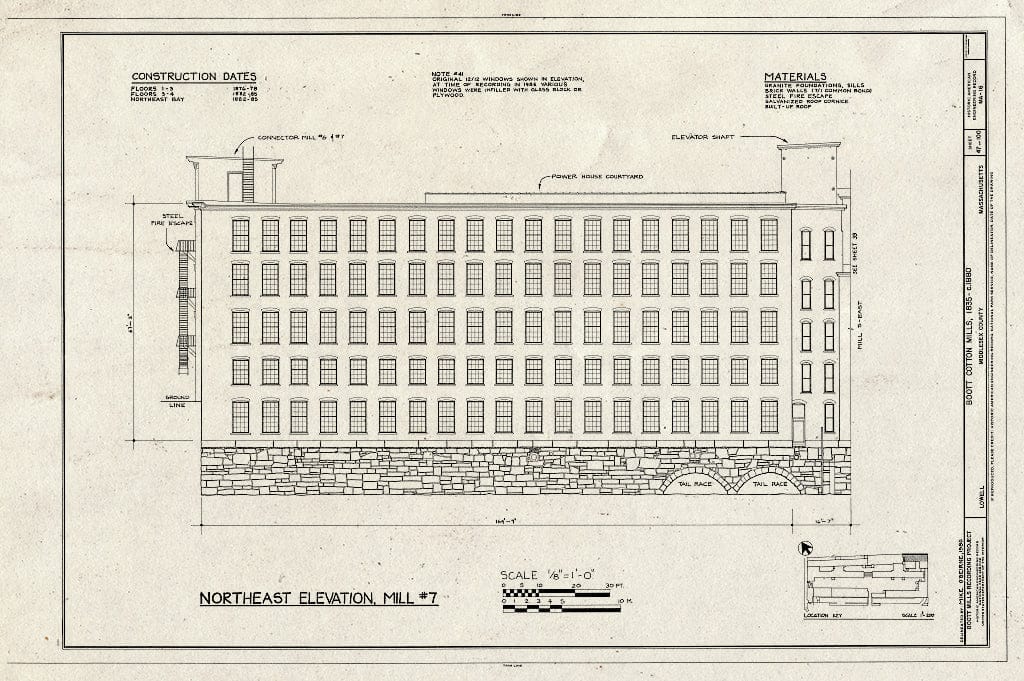 Blueprint Northeast Elevation, Mill #7 - Boott Cotton Mills, John Street at Merrimack River, Lowell, Middlesex County, MA