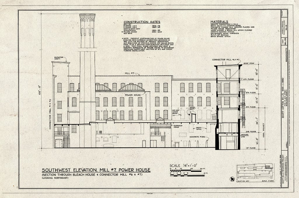 Blueprint Southwest Elevation, Mill #7, Power House - Boott Cotton Mills, John Street at Merrimack River, Lowell, Middlesex County, MA