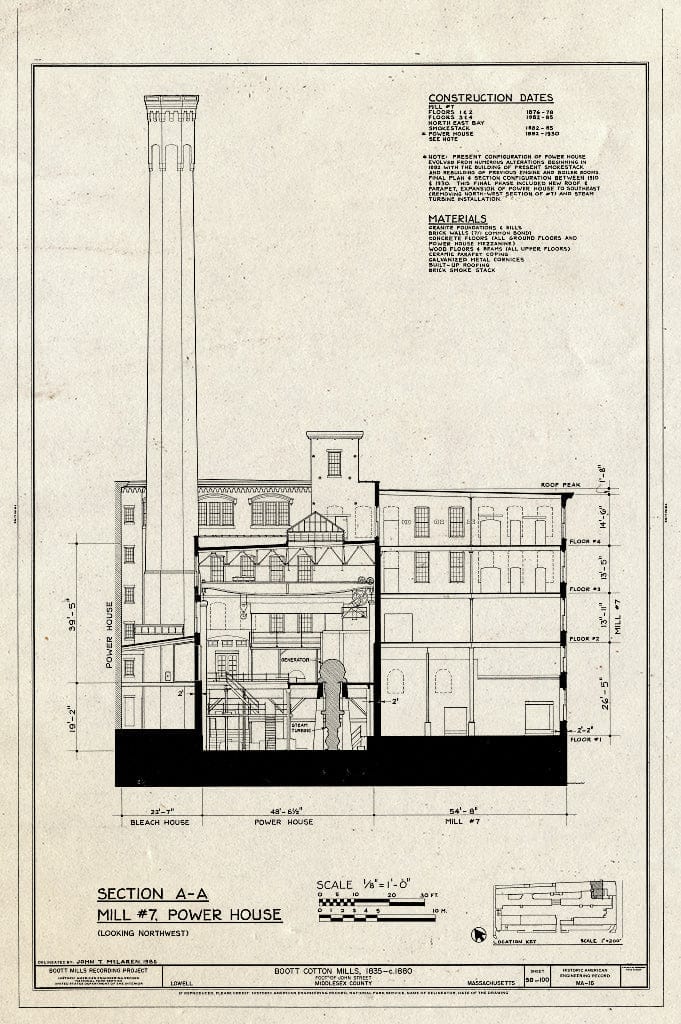 Blueprint Section A-A, Mill #7, Power House - Boott Cotton Mills, John Street at Merrimack River, Lowell, Middlesex County, MA