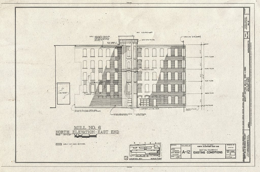 Blueprint Mill No. 6, North Elevation - East End, Existing Conditions - Boott Cotton Mills, John Street at Merrimack River, Lowell, Middlesex County, MA