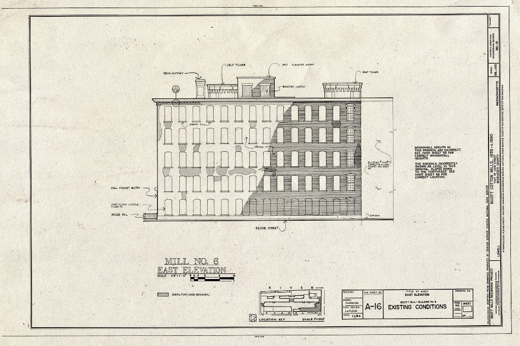 Blueprint Mill No. 6, East Elevation, Existing Conditions - Boott Cotton Mills, John Street at Merrimack River, Lowell, Middlesex County, MA