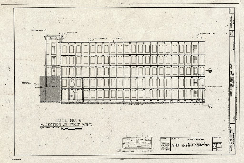 Blueprint Mill No. 6, Section at West Wing, Existing Conditions - Boott Cotton Mills, John Street at Merrimack River, Lowell, Middlesex County, MA