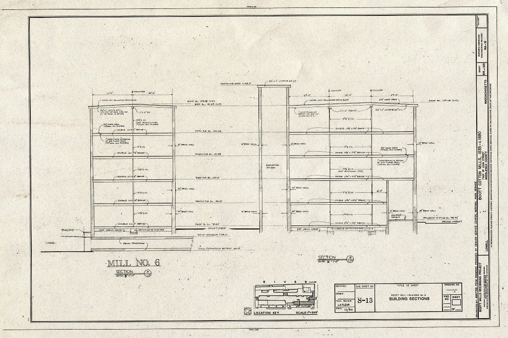 Blueprint Mill No. 6, Sections, Existing Conditions - Boott Cotton Mills, John Street at Merrimack River, Lowell, Middlesex County, MA
