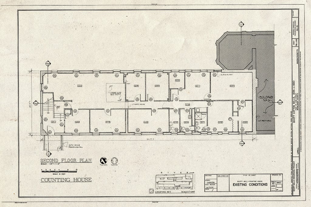 Blueprint Counting House, Second Floor Plan, Existing Conditions - Boott Cotton Mills, John Street at Merrimack River, Lowell, Middlesex County, MA