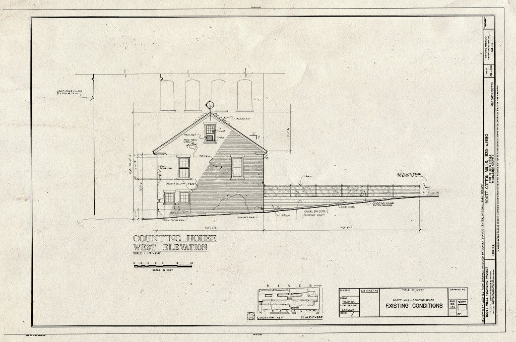 Blueprint Counting House, West Elevation, Existing Conditions - Boott Cotton Mills, John Street at Merrimack River, Lowell, Middlesex County, MA