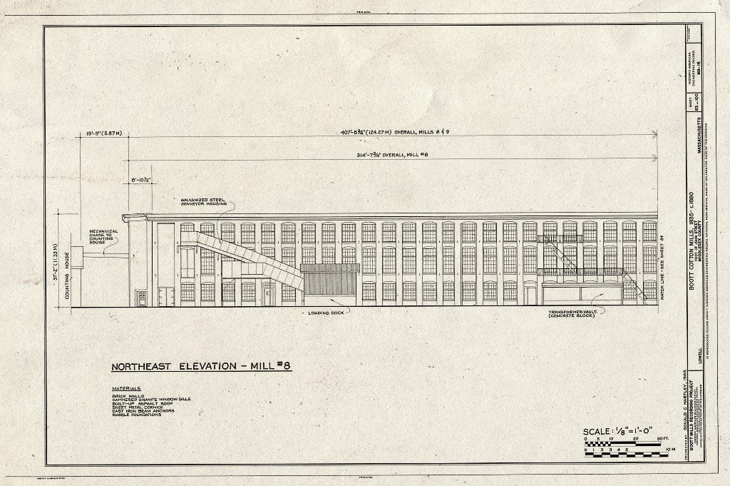 Blueprint Northeast Elevation - Mill #8 - Boott Cotton Mills, John Street at Merrimack River, Lowell, Middlesex County, MA
