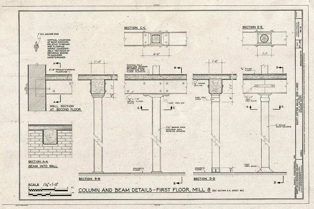 Blueprint Column and Beam Details - First Floor, Mill #8 - Boott Cotton Mills, John Street at Merrimack River, Lowell, Middlesex County, MA