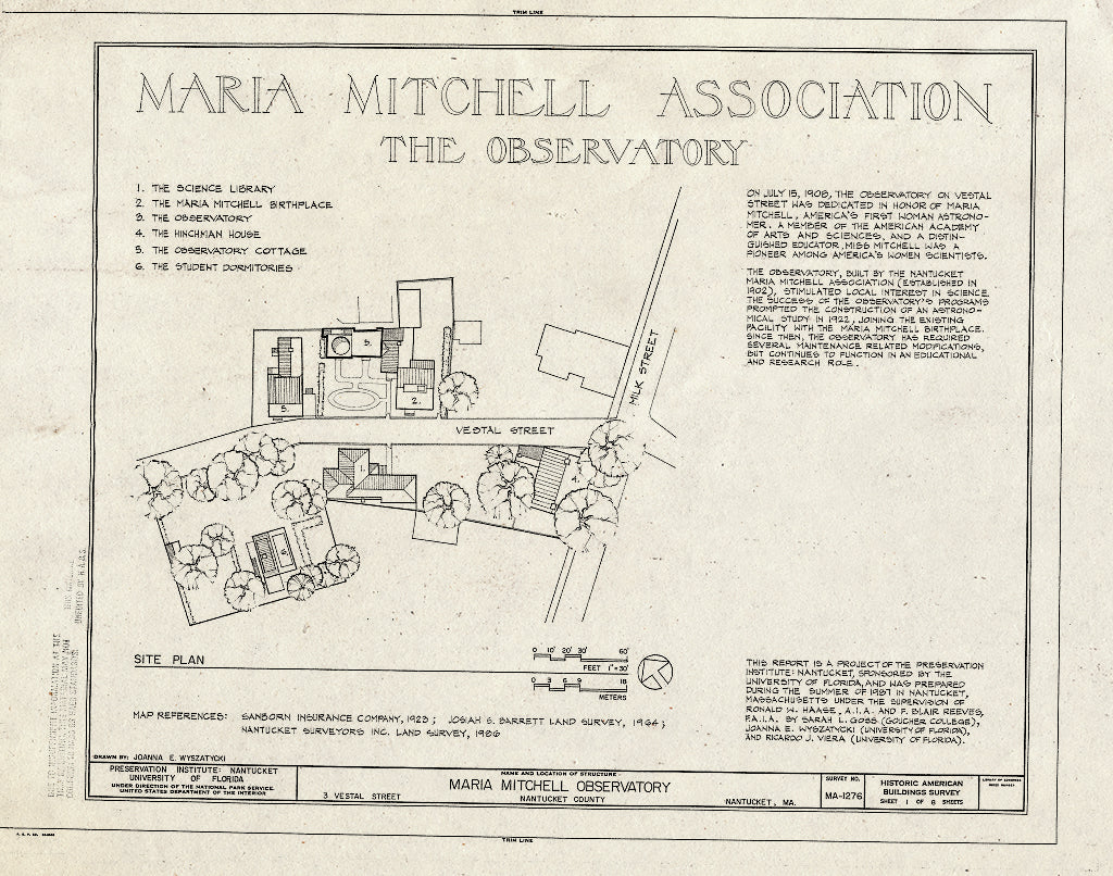 Blueprint HABS Mass,10-NANT,100- (Sheet 1 of 8) - Maria Mitchell Observatory, 3 Vestal Street, Nantucket, Nantucket County, MA