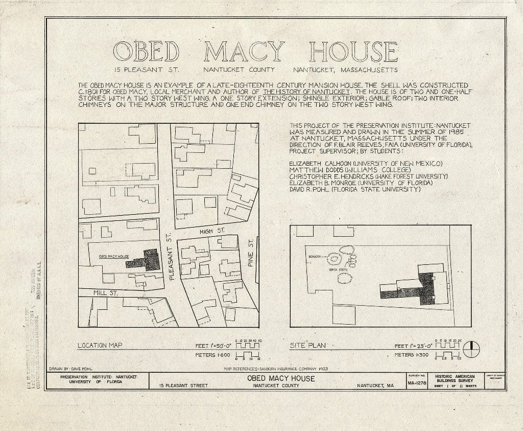 Blueprint HABS Mass,10-NANT,98- (Sheet 1 of 11) - Obed Macy House, 15 Pleasant Street, Nantucket, Nantucket County, MA
