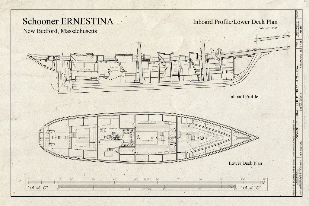 Blueprint Inboard Profile and Lower Deck Plan - Schooner Ernestina, New Bedford Whaling National Historical Park State Pier, New Bedford, Bristol County, MA