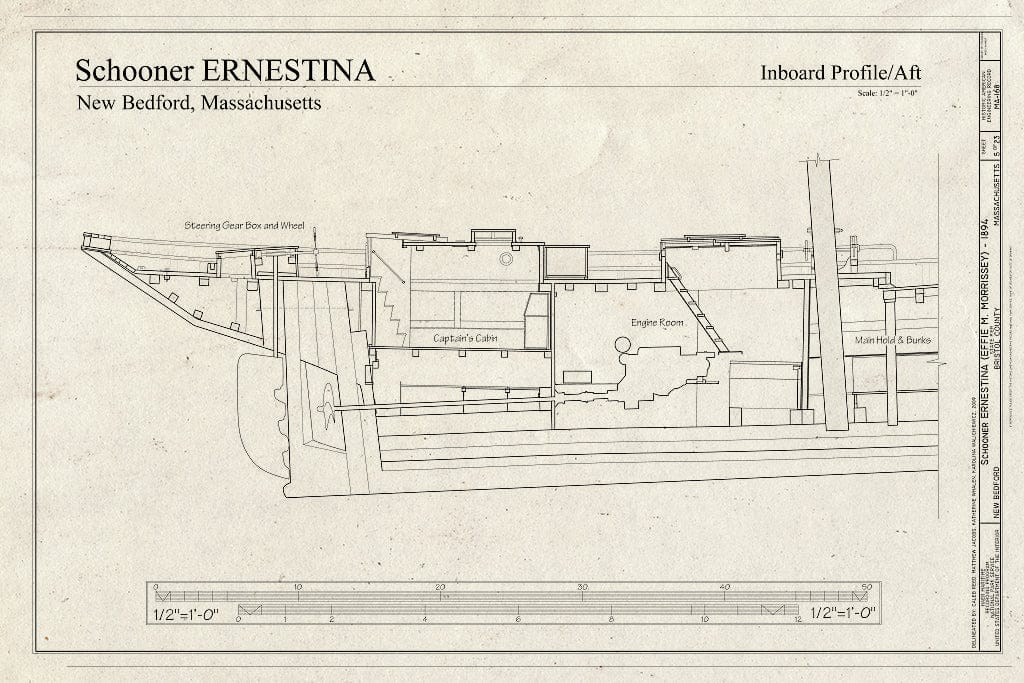 Blueprint Inboard Profile - AFT - Schooner Ernestina, New Bedford Whaling National Historical Park State Pier, New Bedford, Bristol County, MA