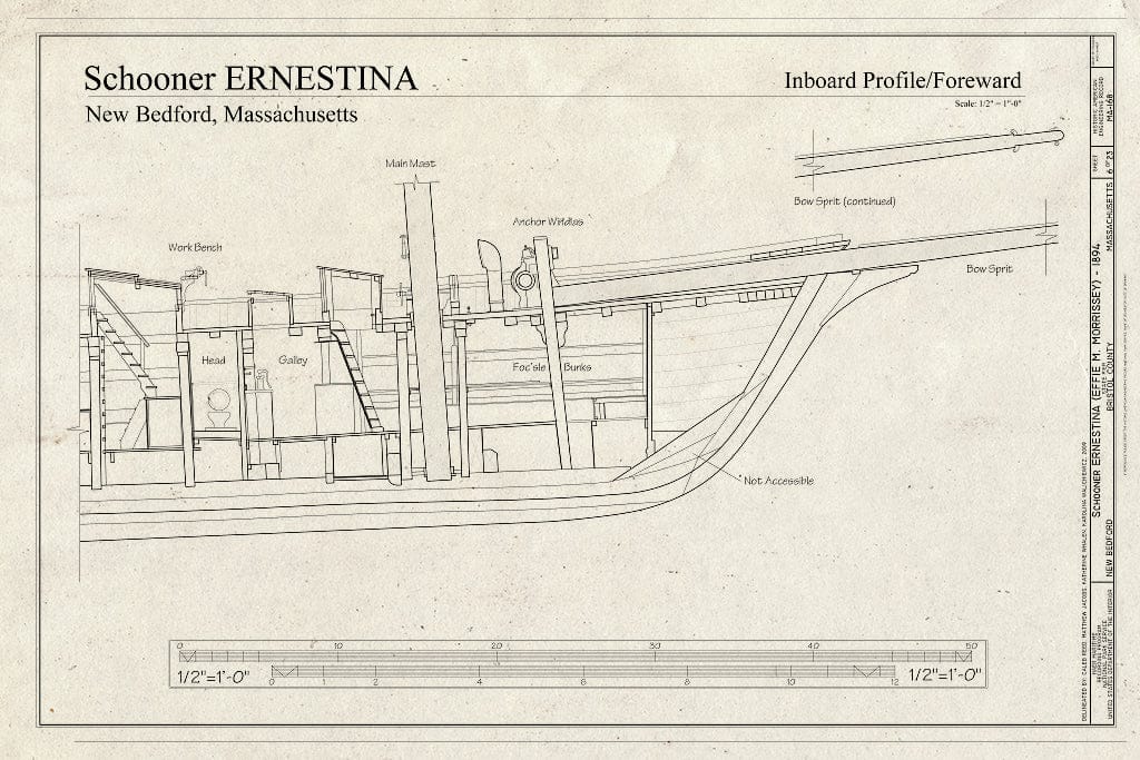 Blueprint Inboard Profile - Foreward - Schooner Ernestina, New Bedford Whaling National Historical Park State Pier, New Bedford, Bristol County, MA