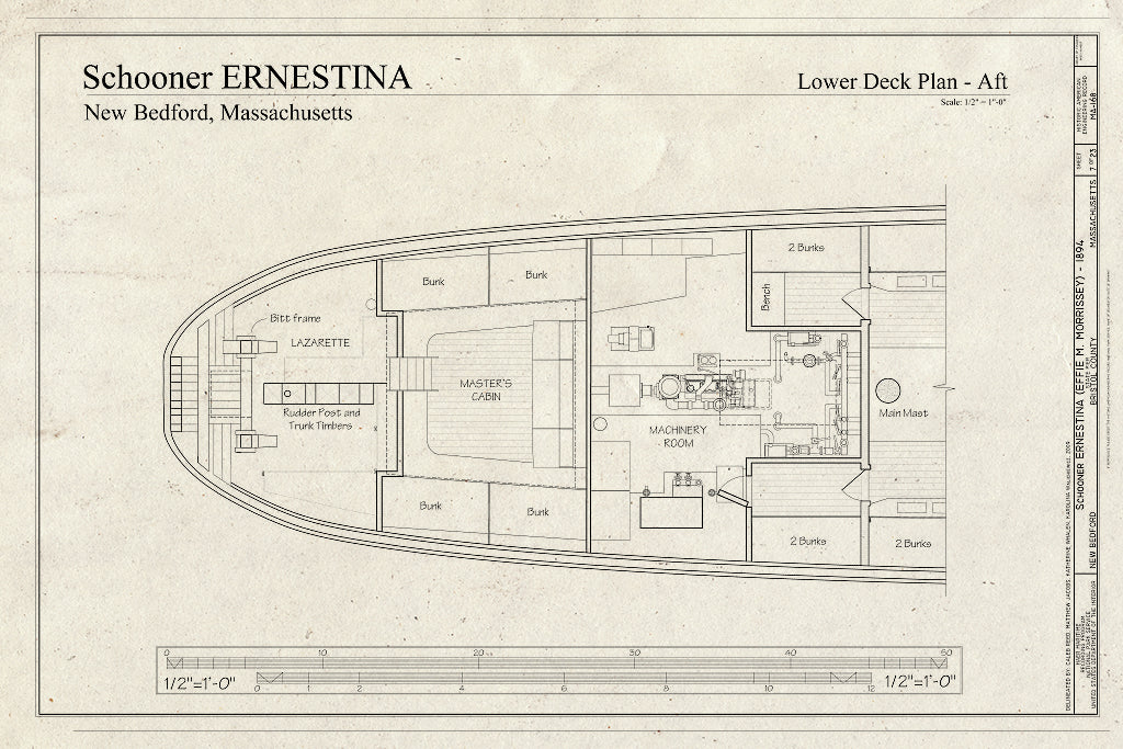 Blueprint Lower Deck Plan - AFT - Schooner Ernestina, New Bedford Whaling National Historical Park State Pier, New Bedford, Bristol County, MA