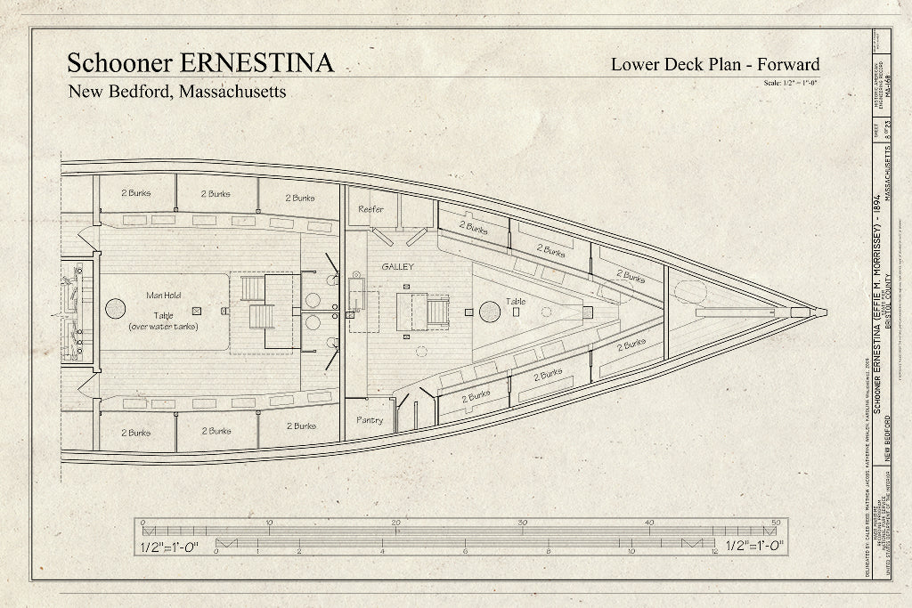 Blueprint Lower Deck Plan - Forward - Schooner Ernestina, New Bedford Whaling National Historical Park State Pier, New Bedford, Bristol County, MA