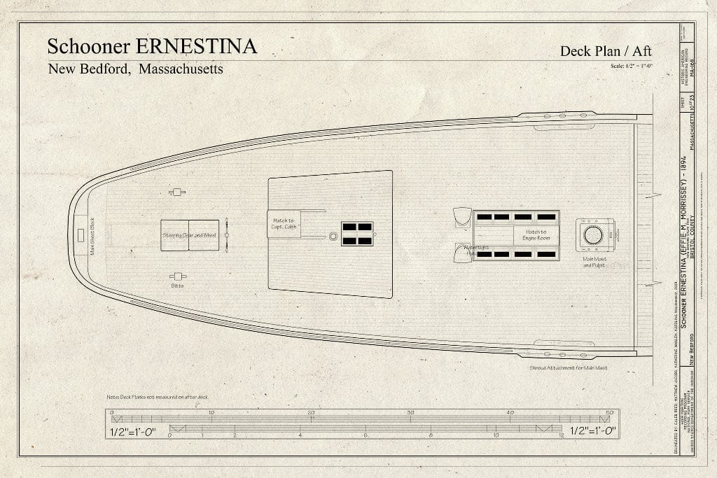 Blueprint Deck Plan - AFT - Schooner Ernestina, New Bedford Whaling National Historical Park State Pier, New Bedford, Bristol County, MA