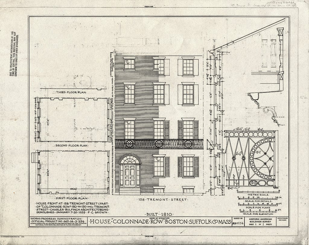 Blueprint Front Elevation, Floor Plans and Details - 158 Tremont Street (House), 158 Tremont Street, Boston, Suffolk County, MA