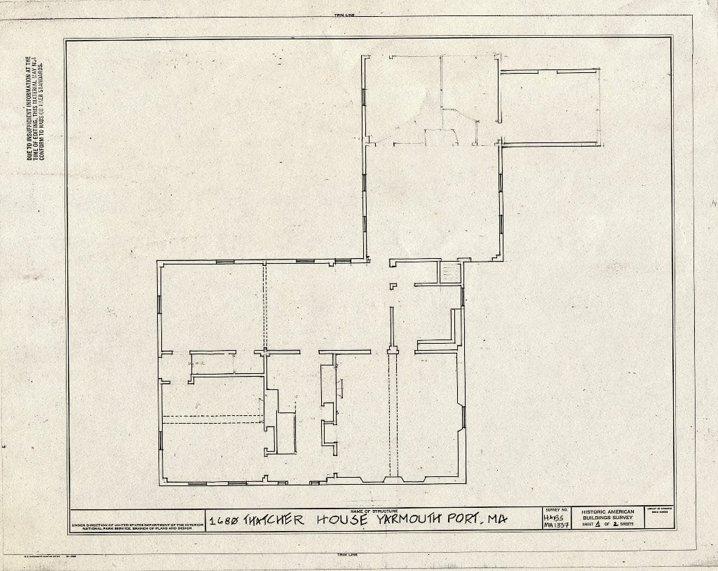 Blueprint First Floor Plan - 1680 Thatcher House, Route 6A & Thacher Street, Yarmouth Port, Barnstable County, MA