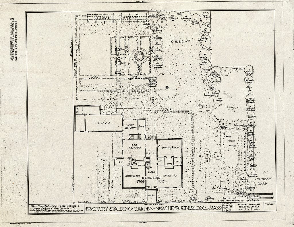 Blueprint First Floor Plan and Garden Plan - Bradbury-Spalding House & Garden, 28 Green Street, Newburyport, Essex County, MA