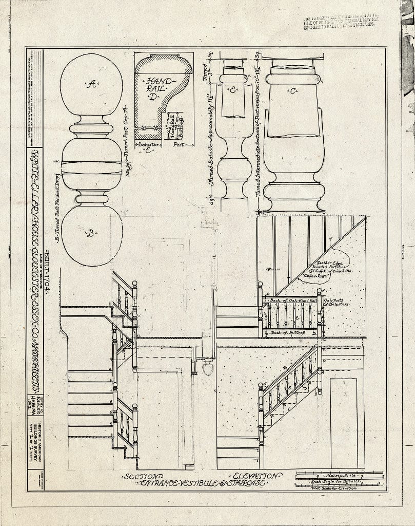 Blueprint Entrance Vestibule Staircase Section, Elevations, and Details - White-Ellery House, 244 Washington Street, Gloucester, Essex County, MA