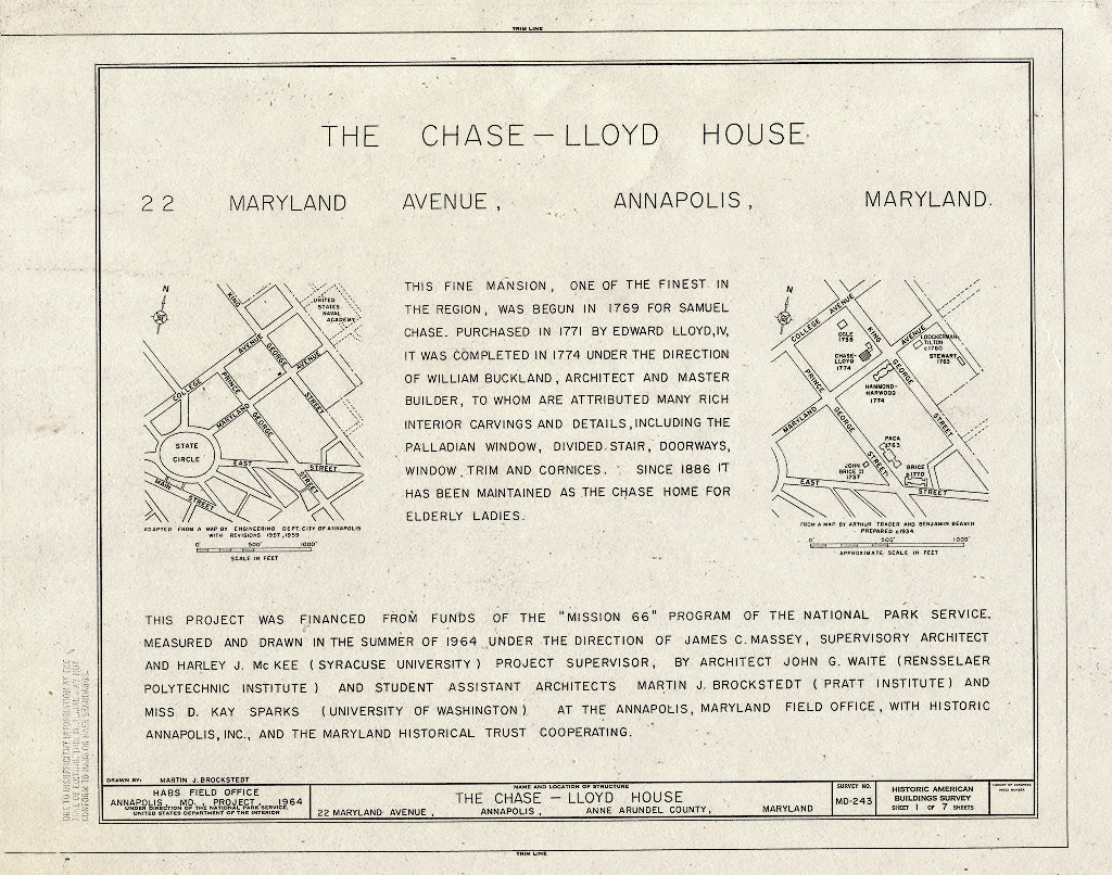 Blueprint HABS MD,2-Anna,2- (Sheet 1 of 7) - Chase-Lloyd House, 22 Maryland Avenue & King George Street, Annapolis, Anne Arundel County, MD