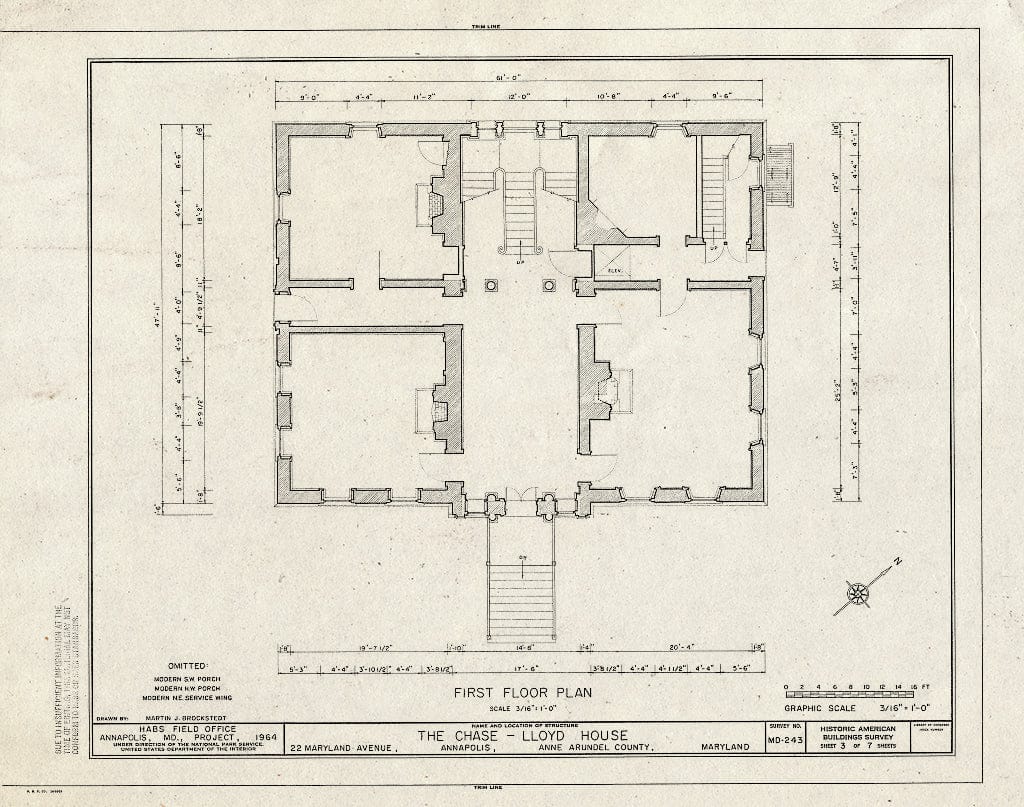Blueprint First Floor Plan - Chase-Lloyd House, 22 Maryland Avenue & King George Street, Annapolis, Anne Arundel County, MD