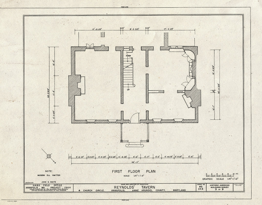 Blueprint First Floor Plan - Reynold's Tavern, 4 Church Circle at Franklin Street, Annapolis, Anne Arundel County, MD