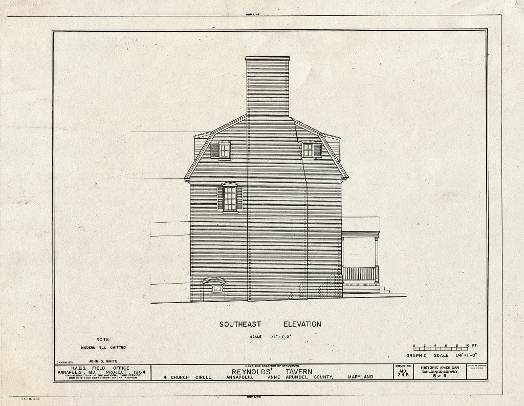 Blueprint Southeast Elevation - Reynold's Tavern, 4 Church Circle at Franklin Street, Annapolis, Anne Arundel County, MD