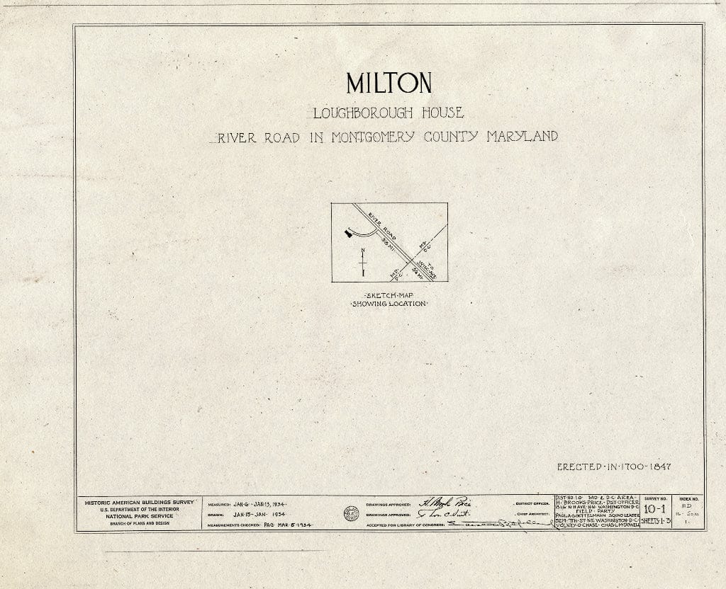 Blueprint HABS MD,16-SOM,1- (Sheet 0 of 3) - Milton, River Road, Somerset, Montgomery County, MD