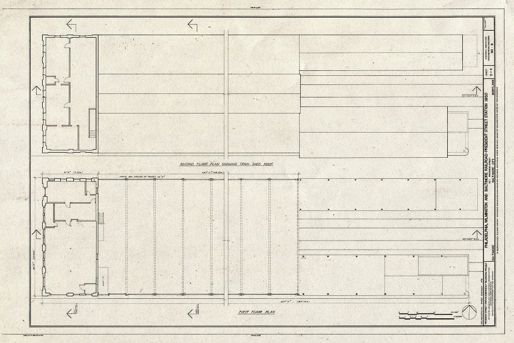 Blueprint 2. First and second floor plans - Philadelphia, Wilmington & Baltimore Railroad, President Street Station, President & Fleet Streets, Baltimore, Independent City, MD