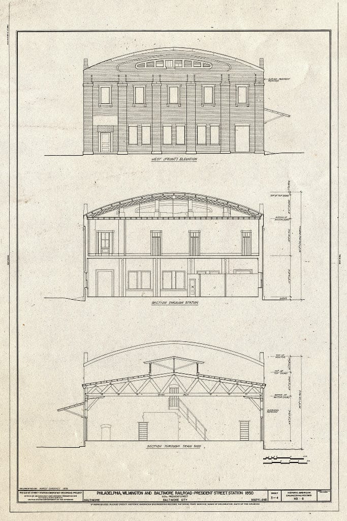 Blueprint 3. Front elevation and sections - Philadelphia, Wilmington & Baltimore Railroad, President Street Station, President & Fleet Streets, Baltimore, Independent City, MD