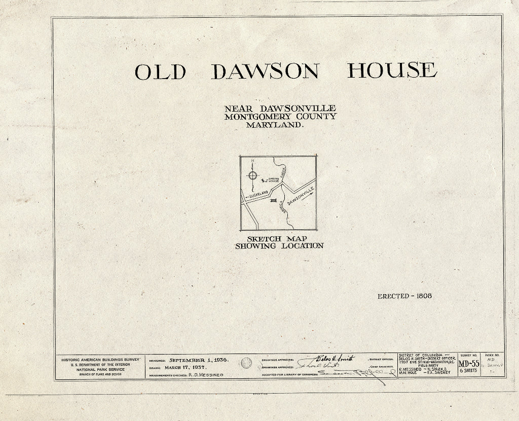 Blueprint HABS MD,16-DAWV.V,1- (Sheet 0 of 6) - Dawson House, 15200 Sugarland Road, Dawsonville, Montgomery County, MD