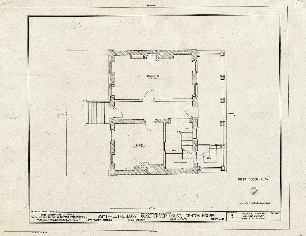 Blueprint 3. First Floor Plan - Smyth-Letherbury House, 107 Water Street, Chestertown, Kent County, MD