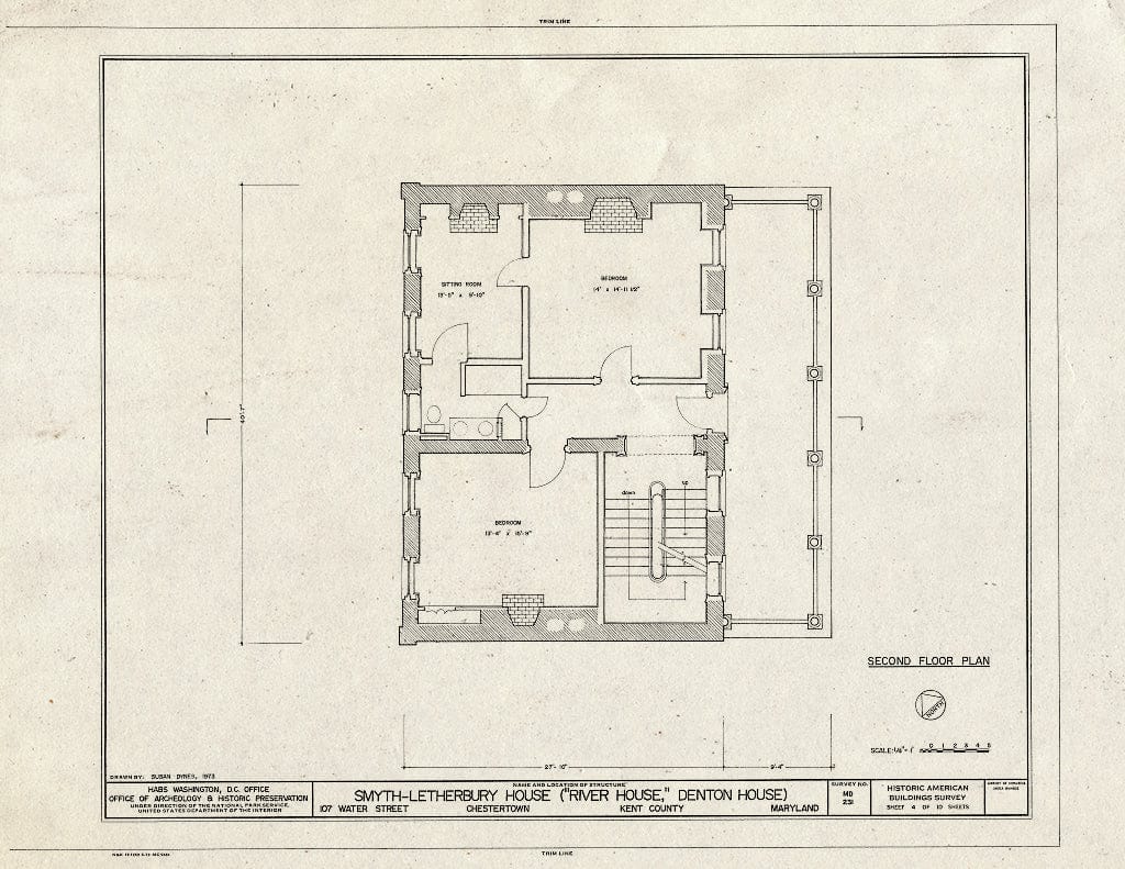 Blueprint 4. Second Floor Plan - Smyth-Letherbury House, 107 Water Street, Chestertown, Kent County, MD