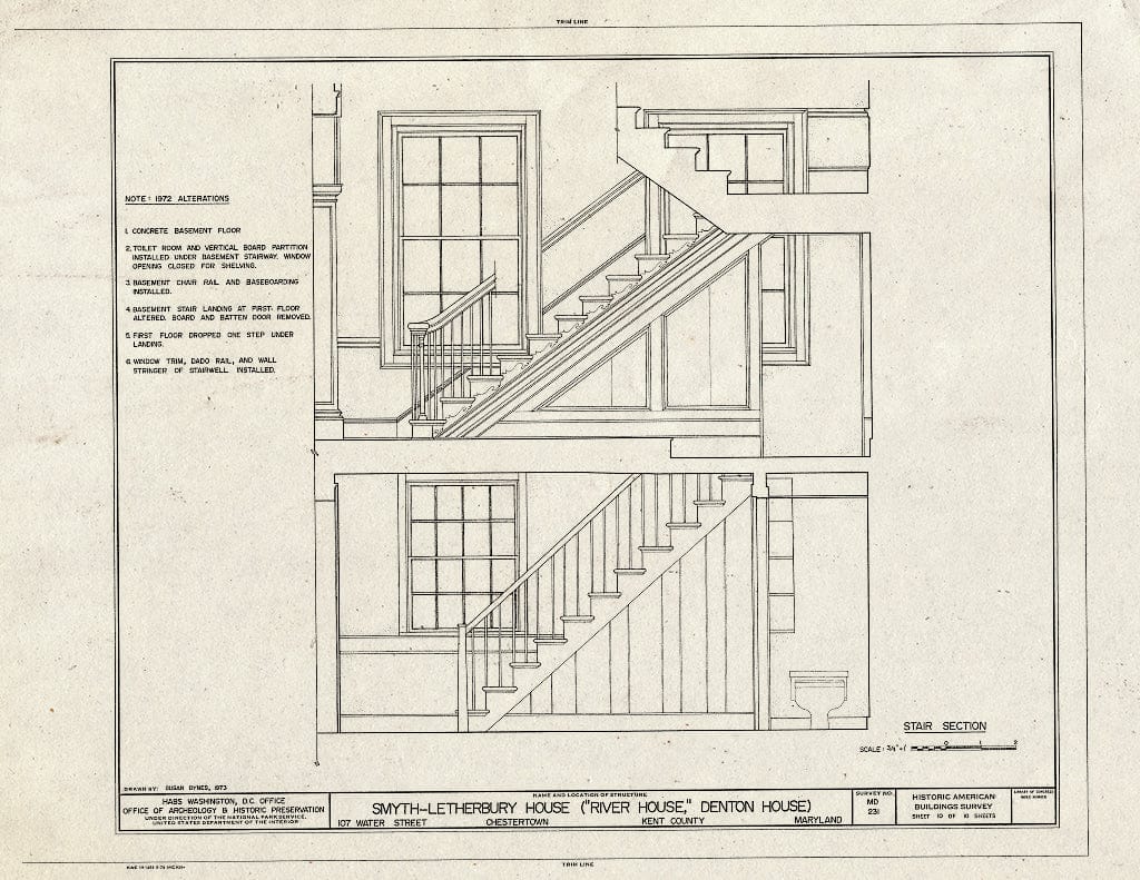 Blueprint 10. Stair Section - Smyth-Letherbury House, 107 Water Street, Chestertown, Kent County, MD