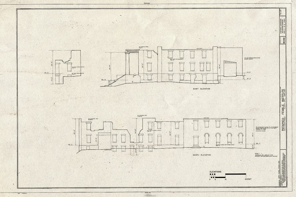 Blueprint East and North elevations - Patapsco Female Institute, Church Road, Berg Alnwick, Ellicott City, Howard County, MD