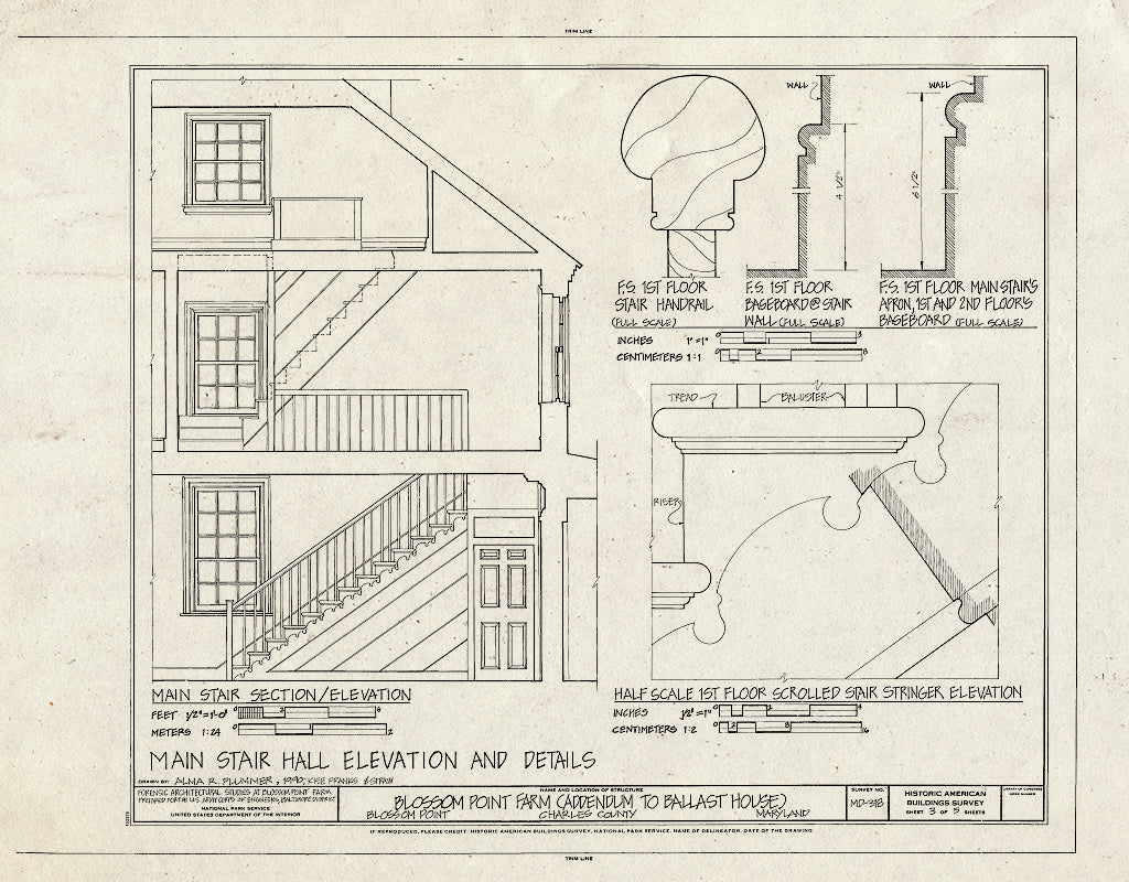 Blueprint Main Stair Hall Elevation and Details - Blossom Point Farm, La Plata, Charles County, MD