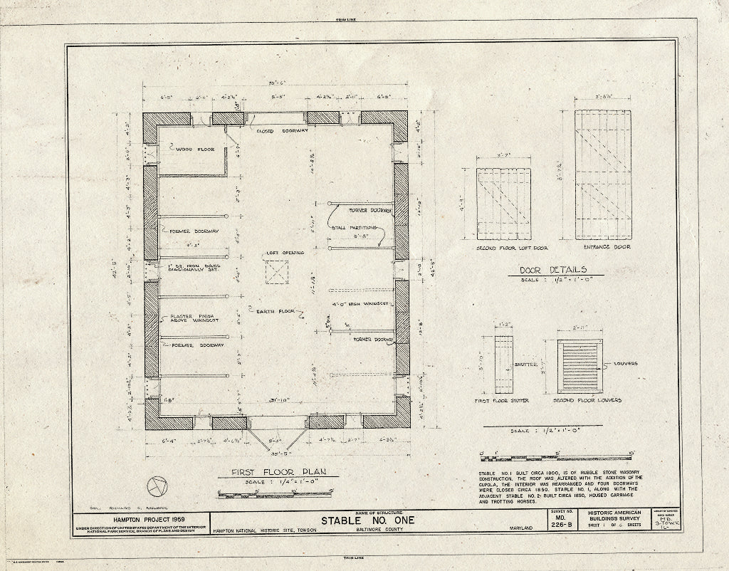 Blueprint HABS MD,3-Tow.V,1L- (Sheet 1 of 6) - Hampton, Stable No. One, 535 Hampton Lane, Towson, Baltimore County, MD