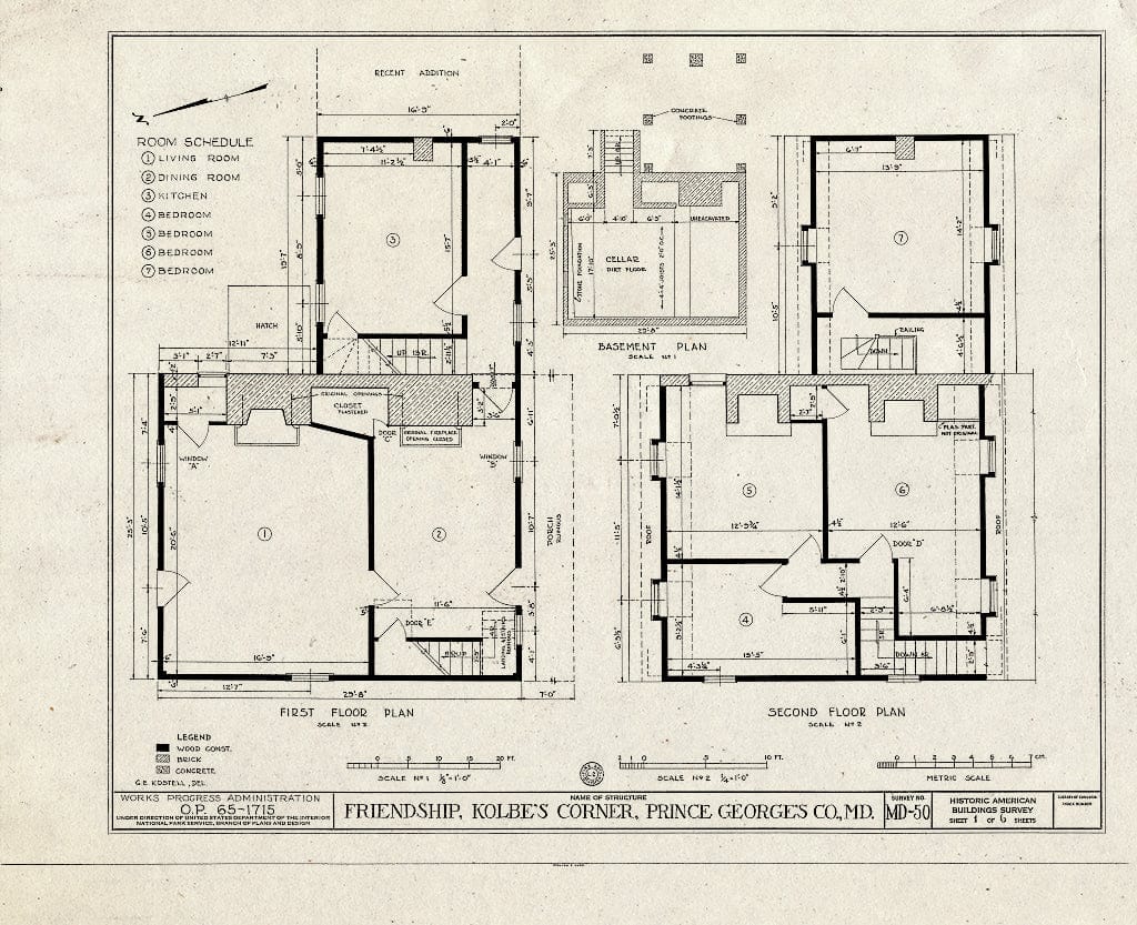 Blueprint HABS MD,17-Kolb,1- (Sheet 1 of 6) - Friendship, Kolbies Corner, State Routes 214 & 556, Largo, Prince George's County, MD