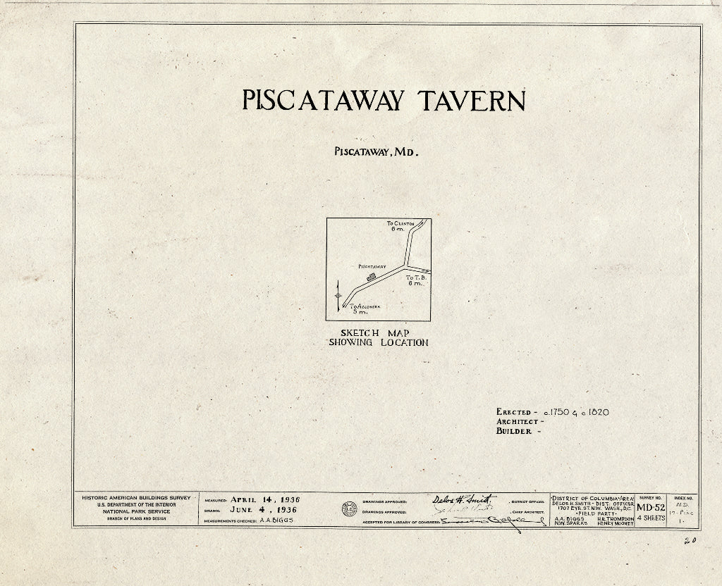Blueprint HABS MD,17-PISC,1- (Sheet 0 of 4) - Piscataway Tavern, Piscataway Road (State Route 223) Vicinity, Piscataway, Prince George's County, MD