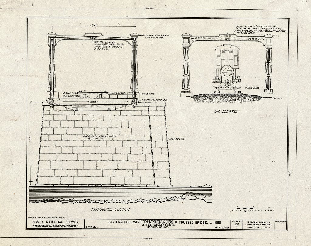 Blueprint Transverse Section, End Elevation - Baltimore & Ohio Railroad, Bollman Truss Bridge, Spanning Little Patuxent River, Savage, Howard County, MD