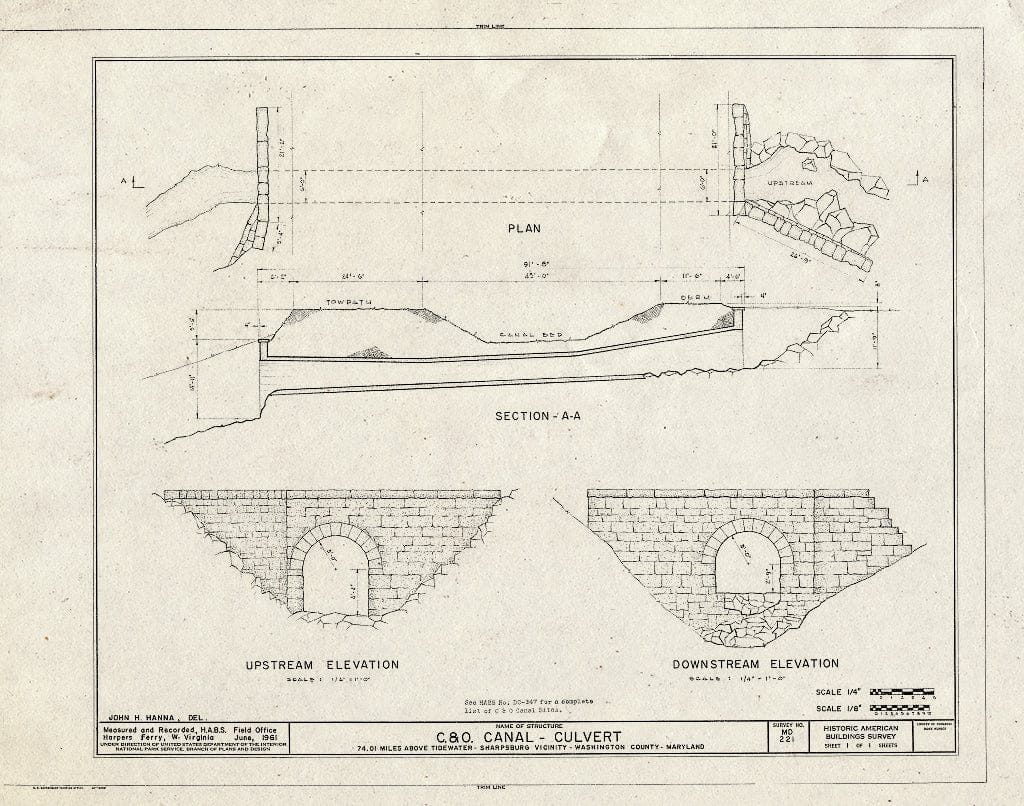 Blueprint HABS MD,22-Sharp.V,5- (Sheet 1 of 1) - Chesapeake & Ohio Canal, Culvert 100, 74.01 Miles Above Tidewater, Sharpsburg, Washington County, MD