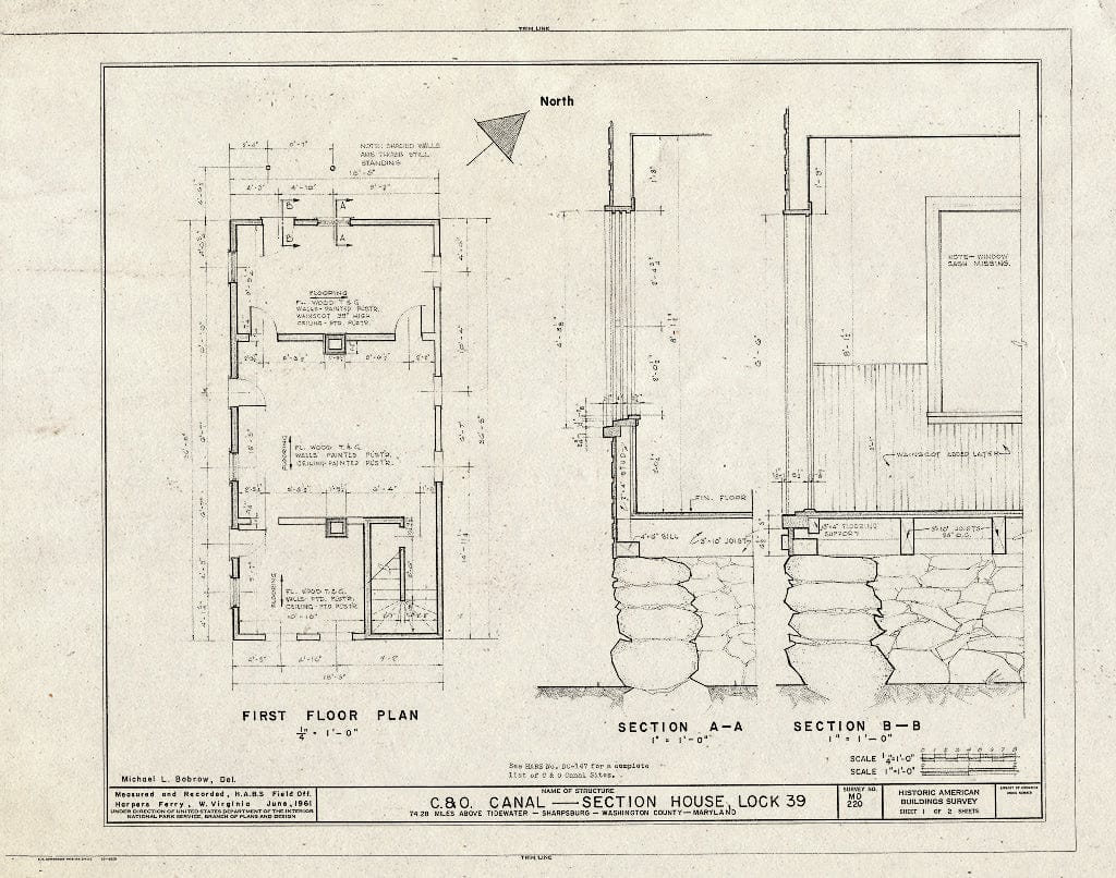 Blueprint HABS MD,22-Sharp.V,6- (Sheet 1 of 2) - Chesapeake & Ohio Canal, Section House, Lock 39, 74.28 Miles Above Tidewater, Sharpsburg, Washington County, MD
